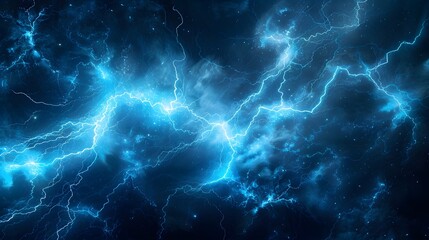 Blue lightning background, dark blue color, a lightning effect, electricity, energy flow, an electric field, glowing lightnings, an electric storm, thunderstorm, black sky.