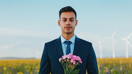 Financial advisor presenting wind energy investment options to clients, sustainable finance, green energy growth