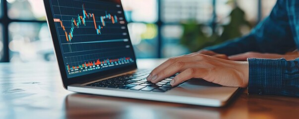 Financial analyst working on a laptop with sustainable stock market data, eco-friendly investment, finance technology