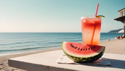 Gradient ferragosto illustration with watermelon slice and drink on the beach