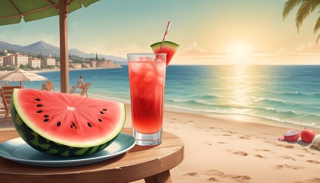 Gradient ferragosto illustration with watermelon slice and drink on the beach