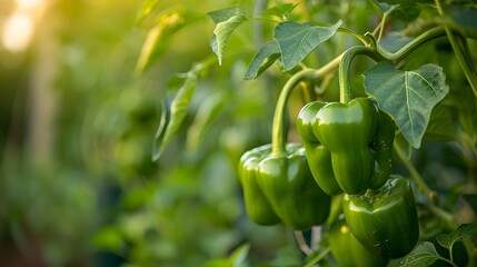 Green peppers hanging from the plant in an organic vegetable garden. Green bell peppers and other vegetables growing on tree branches.