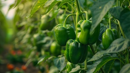 Green peppers hanging from the plant in an organic vegetable garden. Green bell peppers and other vegetables growing on tree branches.