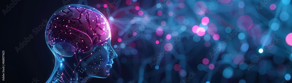 Poster futuristic concept of artificial intelligence and digital brain, showcasing neural networks and tech