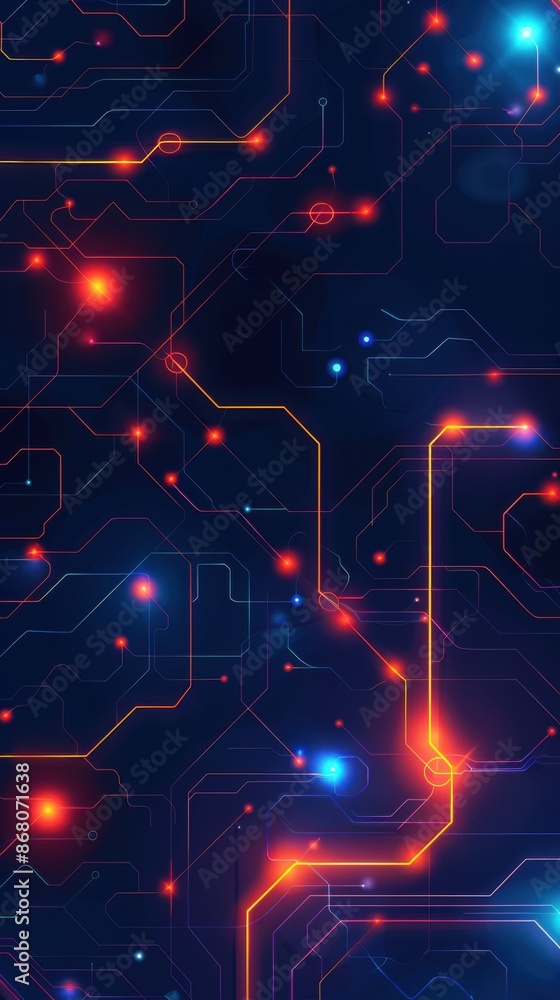Poster high-tech digital circuit board pattern with glowing lights in blue and red tones, representing tech