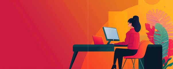 Colorful illustration of a woman working on a computer in a vibrant office environment with modern decor and plant in background.