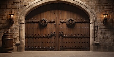 Medieval Wooden Doors in Stone Archway