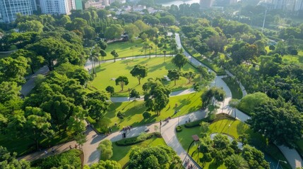 Obraz premium Urban Oasis: A Bird's Eye View of a Public Park in a Bustling City Where People Relax and Jog in the Morning