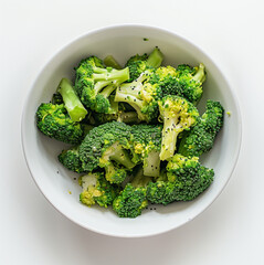boiled broccoli, white background, front view, delicious and tempting