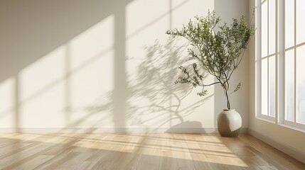 An empty room with a light wooden floor and white wall, no furniture or decor elements present, a large window on the right side allows for natural lighting, a subtle plant in a vase near the corner.