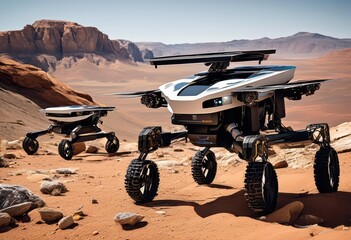 robots conducting detailed geological surveys science exploration concept, drones, robotic, machines, artificial, intelligence, scanning, equipment, geology,