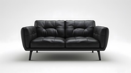 Fototapeta premium Sleek black leather sofa isolated on white background, 3D rendering, HD, perspective angle view, showcasing the elegance of modern furniture design.