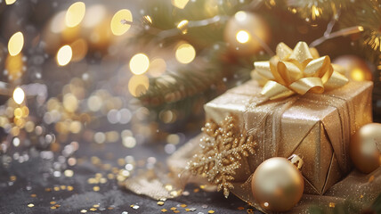 Christmas gift boxes and gold decorations with confetti on bokeh lights background. New Year and Christmas 2025