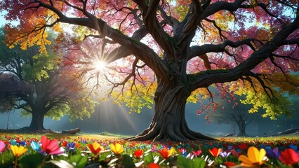 Majestic Tree In Autumn With Colorful Flowers And Sunlight.