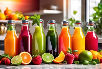 shiny glass bottles filled freshly squeezed juices ready drink, transparent, liquid, beverage, citrus, clear, container, delicious, detox, diet, food, fruit,