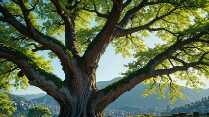 Obraz premium Ancient Tree with Lush Canopy Overlooking Cityscape.
