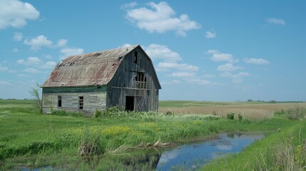 Obraz premium Weathered barn with a deteriorating roof in a green field near a blue water ditch on a sunny spring day