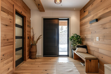 Contemporary home interior with comfortable wooden furniture
