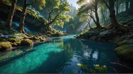 Naklejka premium Sunbeams Through a Forest River.