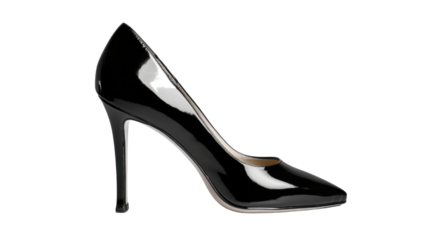 Highly fashionable black high heel dress shoe on transparent background