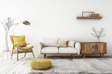 Living room interiors with rustic elements, natural lighting and copy space. Residential interiors with minimal furniture and neutral colors.