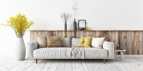 Living room interiors with rustic elements, natural lighting and copy space. Residential interiors with minimal furniture and neutral colors.