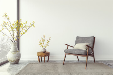 Living room interiors with rustic elements, natural lighting and copy space. Residential interiors with minimal furniture and neutral colors.