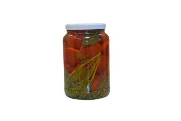 can of tomatoes isolated, Preserved red tomatoes in glass jar on white background