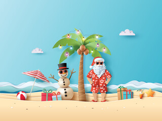 Santa and Snowman Celebrating Christmas on the Beach