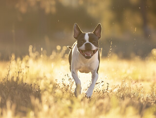 Full body shot of a Boston Terrier, happily running in the soft sunlight.