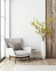 Living room interiors with rustic elements, natural lighting and copy space. Residential interiors with minimal furniture and neutral colors.