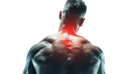 Strong man with neck pain, back view on transparent background