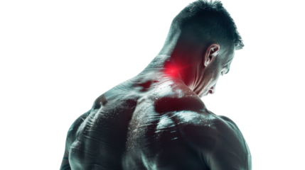 Strong man with neck pain, back view on transparent background