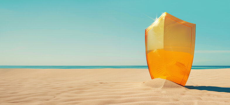 SPF Protection Concept. Yellow Shield Guarding Against Sun on Beach. Promotion Banner Template.