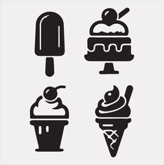 A Set of 4pcs Ice Cream Icons Silhouette vector Illustration with white Background 