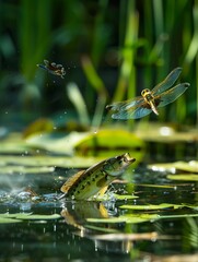A fish is jumping out of the water and a dragonfly is flying over it.