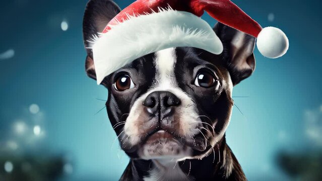 French bulldog wearing santa hat for christmas