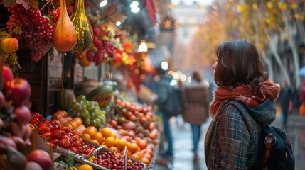 Korean woman browsing an outdoor market in Barcelona, autumn produce and decorations on display, [local culture], [seasonal delights]