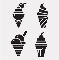 A Set of 4pcs Ice Cream Icons Silhouette vector Illustration with white Background 
