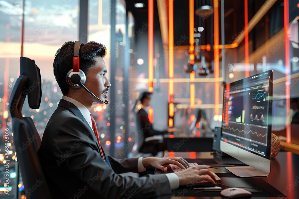 Aufkleber man in headset at computer with graphs in modern office at night