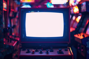Retro arcade machine with blank screen in neon-lit room