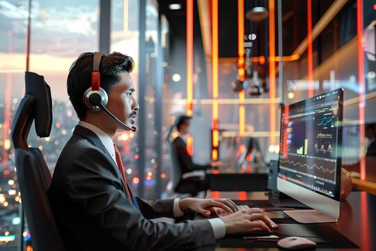 Man in headset at computer with graphs in modern office at night - Powered by Adobe