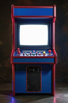 Retro arcade machine with blank screen in dark room.