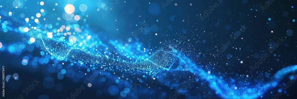 Poster blue dynamic particles floating in digital space, wave concept.