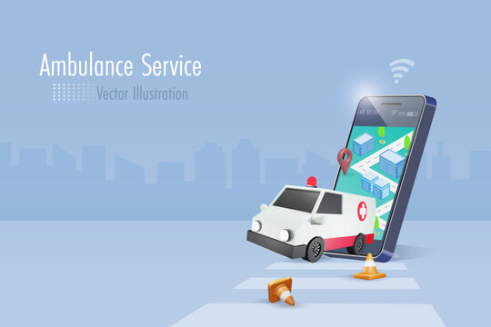 Ambulance on smartphone with mobile map.  Online emergency service for urgency accident, transport patient to hospital. 3D vector.