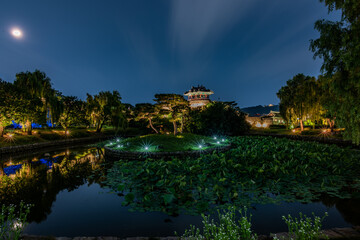 Night view of Hwaseong Fortress, Traditional Architecture of Korea in Suwon, South Korea	
