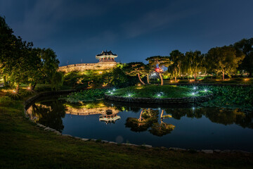 Night view of Hwaseong Fortress, Traditional Architecture of Korea in Suwon, South Korea	
