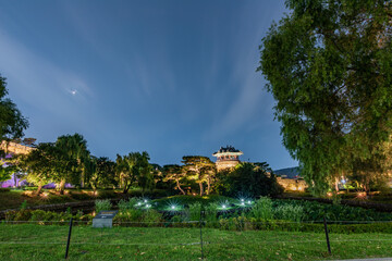 Night view of Hwaseong Fortress, Traditional Architecture of Korea in Suwon, South Korea	
