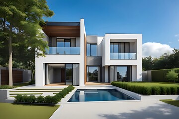 Modern luxury private house on a sunny day with blue sky and clouds.