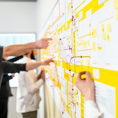 Factory wall with comprehensive value stream map, workers pointing, close-up, natural light, informative and structured, isolated on white background,